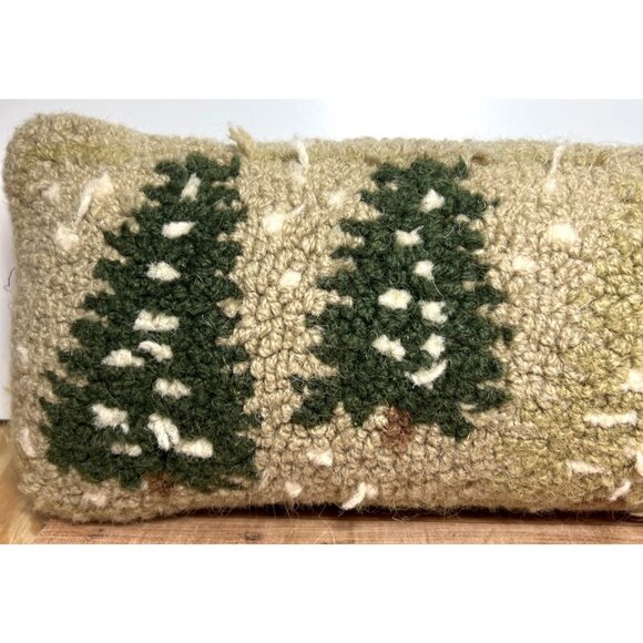 Chandler 4 Corner Wool Hooked Lumbar Pillow With Evergreen Tree Design Handmade - Picture 2 of 7